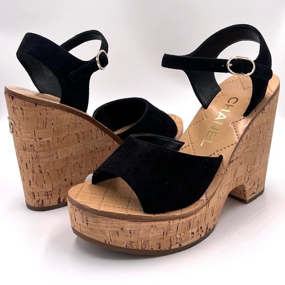CHANEL Suede Kidskin Wedge Sandals in Black - Picture 4 of 8